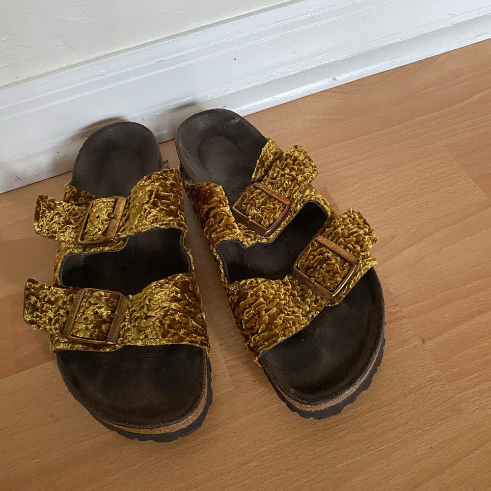 Gold/yellow soft sole velvet birkenstocks size 38 fits like a 37